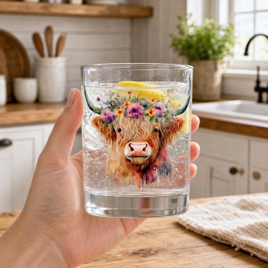 Bicchiere in Vetro Mucca delle Highlands, Bicchiere Termico Acquerello Floreale Dipinto a Mano, Tazza Trasparente per Latte Caffè Whiskey, Regalo per Amanti degli Animali