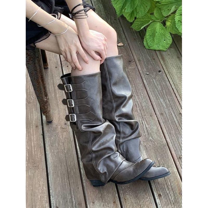 Z Women's Brown Western Cowboy Pleated Slouchy Knee-High Riding Boots with Pointed Toe