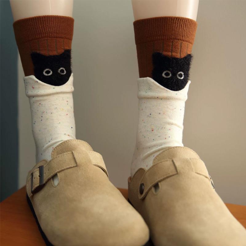 

1 Pair Cartoon Kitten Cute Mid-Calf Socks for Women Girls Cotton Socks Autumn Winter