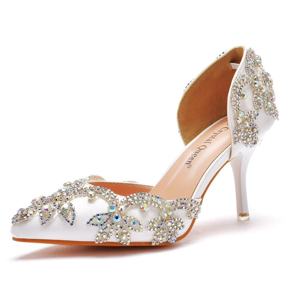 8 Cm Rhinestone Wedding Shoes, Thin Heel Pointed Sandals Hollow Two-piece Sandals Large-size Crystal Wedding Shoes for Women