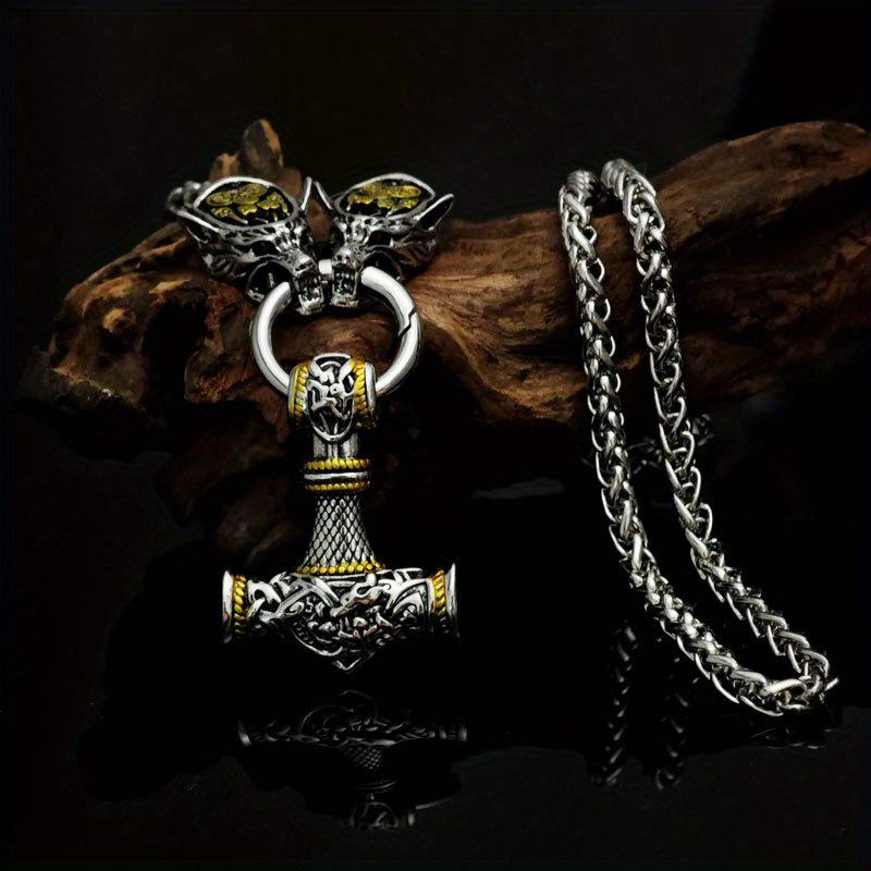 Pendentif marteau viking nordique avec tête de loup et collier runique griffe d'ours - Bijou amulette punk pour homme
