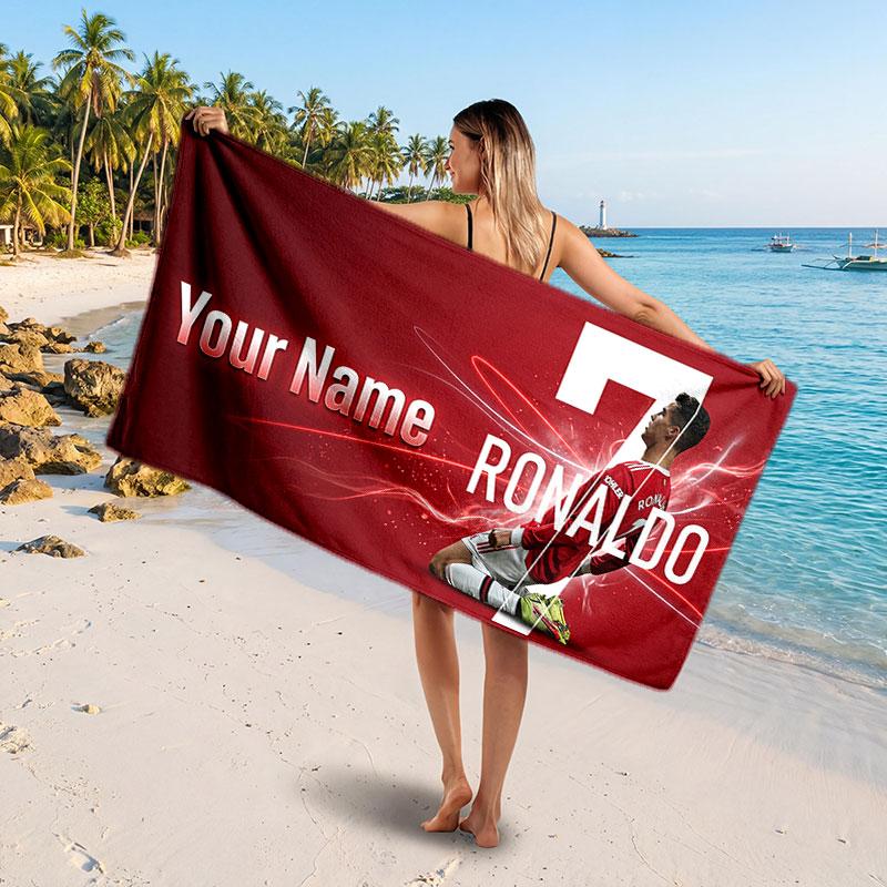 Cristiano Ronaldo Custom Beach Towel, Personalized Name Text Print, Football Logo Soft Quick‑Dry Towel Holiday Gift