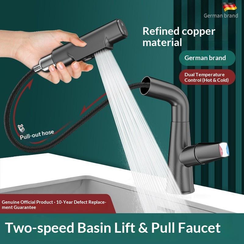 Premium Brass Pull-Out Basin Faucet Liftable Rotatable Spout Mixer Tap With Dual Spray Options Cold Water Control
