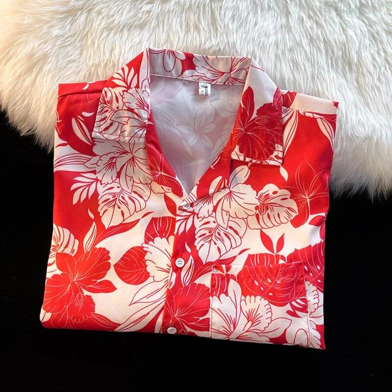 Cămașă de femeie cu imprimare florală de epocă, bluză de damă vintage americană, de vară, cu rever de plajă, bluse cu mâneci scurte