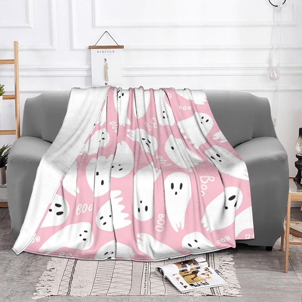 Pink Cute Ghosts Flannel Blankets Halloween Funny Throw Blankets for Home Hotel Sofa 150*125cm Rug Piece