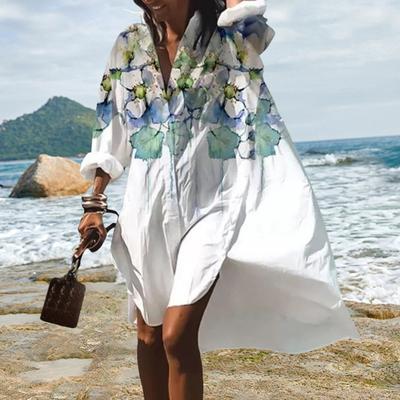 Vestito estivo da donna con colletto rovesciato, monopetto, ampio, maniche lunghe, tipo camicia, stampa a foglia, per le vacanze