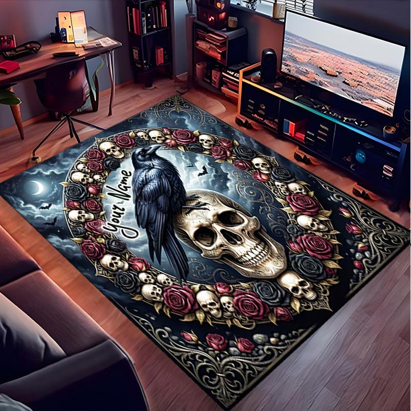 1PC Custom Name Raven Skull Roses Moon Night Theme Floor Mat Ideal for Living Room, Game Rooms, Office, Bedroom,Floor Mat Playful Design