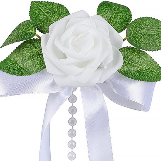 Wiederverwendbare Hochzeitsauto-Dekorationen Künstliche Weiße Rosen-Dekoration, Türgriff & Rückspiegel Blumenstrauß Märchen-Dekor mit Satinband-Schleife