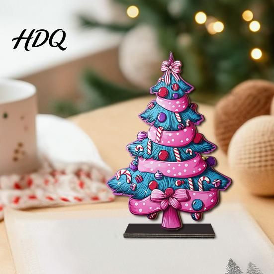 Stable Base Christmas Decor 2D Wooden Tabletop Ornaments Xmas Tree Santa Holiday Home Accents Snowman Sign with Stand Party Decorations Small Gifts