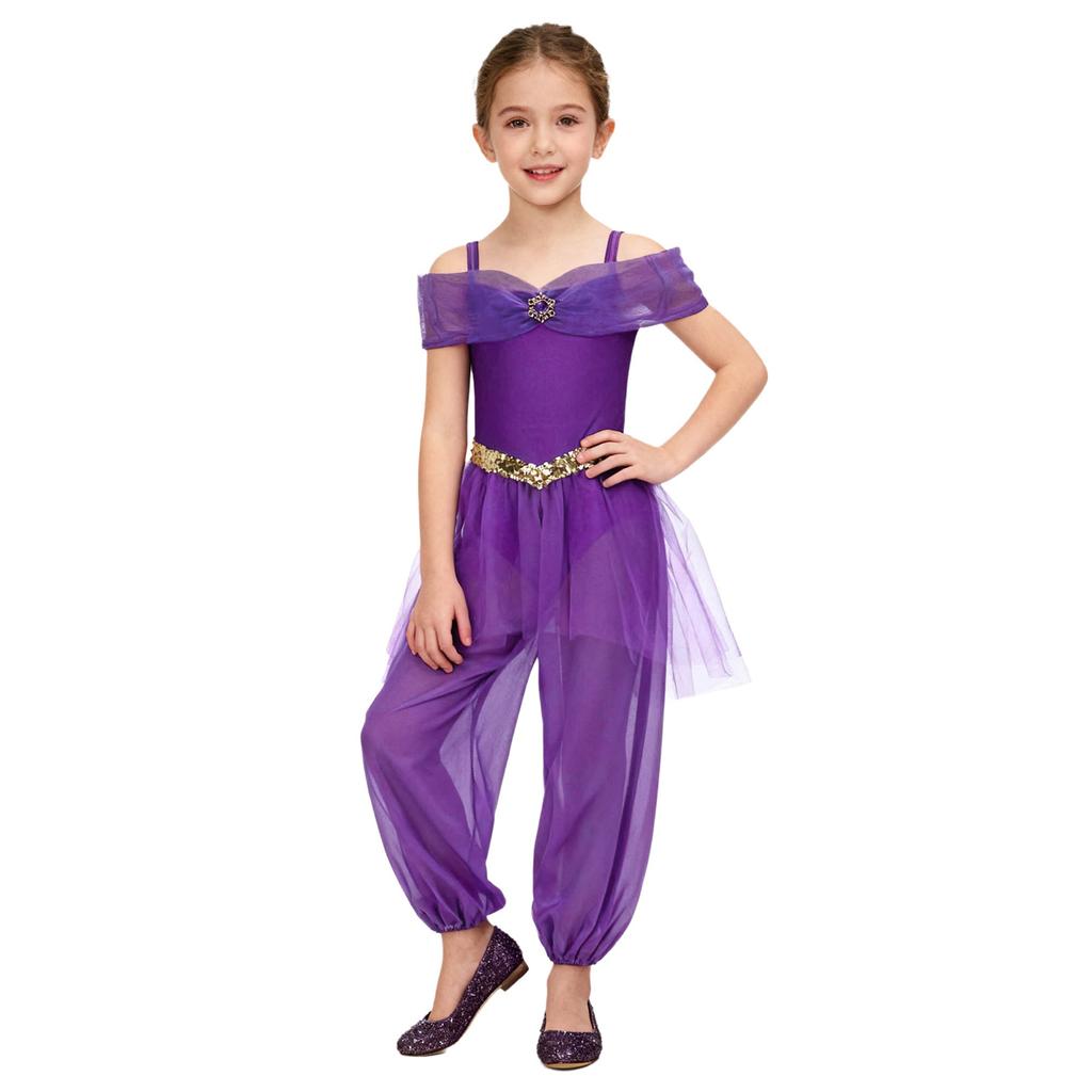 Costume Principessa Araba per Bambine e Ragazze Spalline Regolabili con Strass Paillettes Fascia Decorativa in Vita Sovrapposizione in Rete Pantaloni Lunghi con Slip Integrati per Cosplay