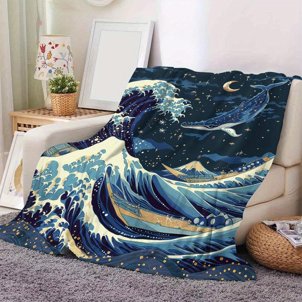 Wave-inspired Ukiyo-e paintings digital-printed polyester velvet flannel cover blanket Fleece soft sofa cover blankets for beds