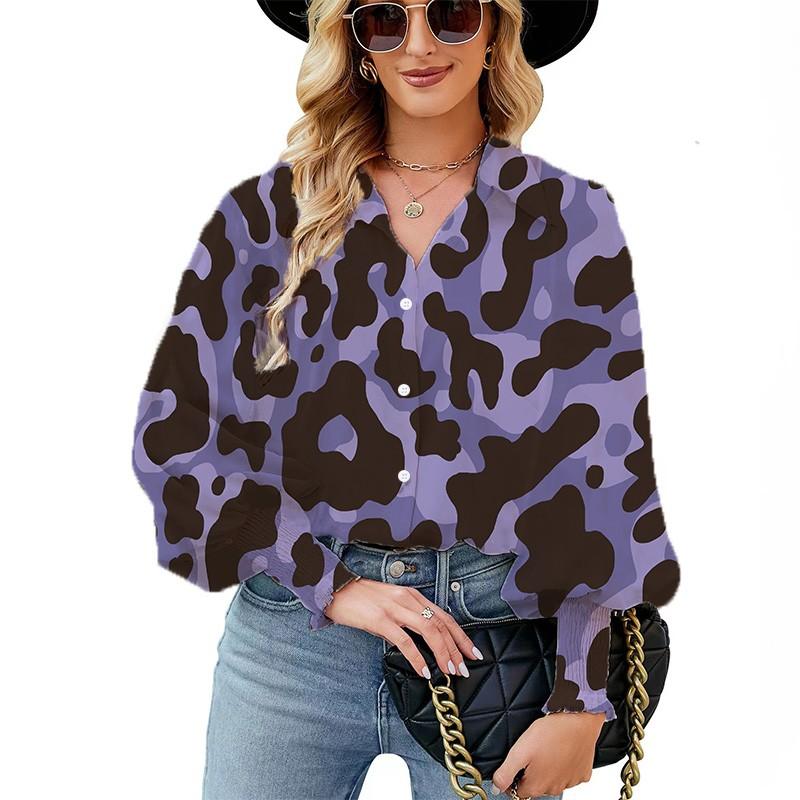 

Весенняя и летняя женская свободная рубашка с лацканами пригородная леопардовый принт повседневная рубашка с пышным рукавом