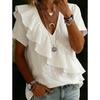 Damen Mode Kurzarm Top Einfarbige V-Ausschnitt Rüschen Europäischer Amerikanischer Stil Strandurlaub Bluse