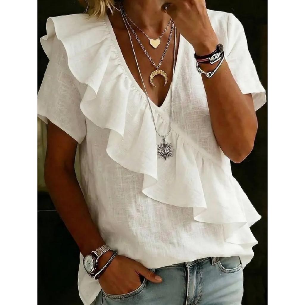 Damen Mode Kurzarm Top Einfarbige V-Ausschnitt Rüschen Europäischer Amerikanischer Stil Strandurlaub Bluse
