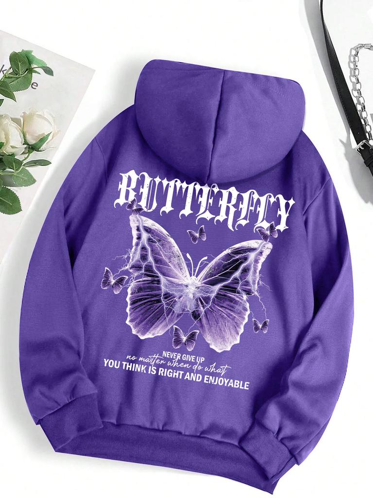 Wunderschöne Lila Schmetterlingsdruck Kapuzenpullover Damen Fleece Tasche Kapuzenpullover Einfacher Lässiger Hoodie Herbst Locker Weiblich Streetwear
