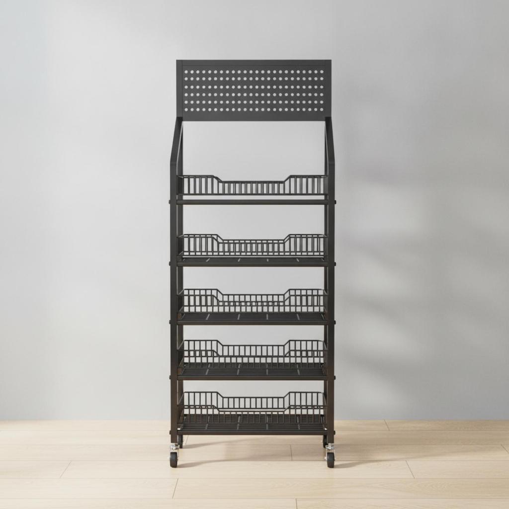 Snack Storage Rack Floor Standing Metal Display with Hooks Mobile