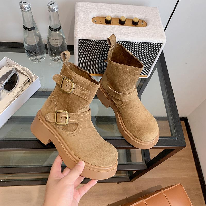 Super Fire Belt Buckle Martin Boots Women's 2025 Early Autumn New Retro Thick-soled Maillard Western Cowboy Medium Boots