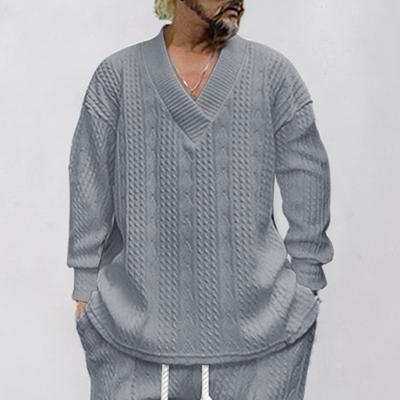 Pánsky pletený sveter na jar/jeseň, žakárový, voľný strih, jednofarebný, ležérny, s V-výstrihom, dlhý rukáv