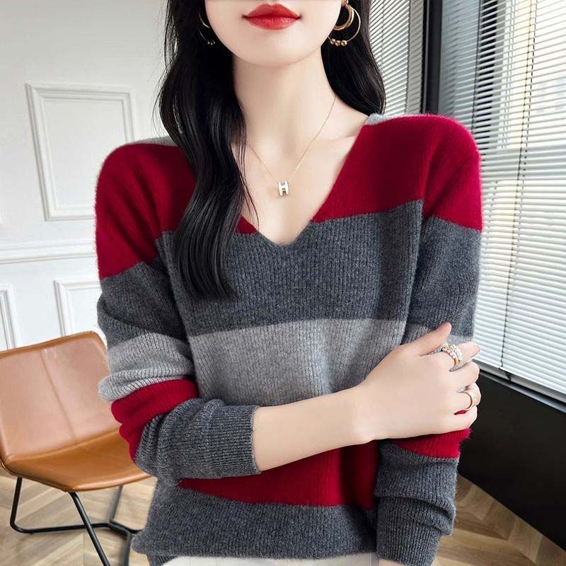 

Свитер для женщин Осень Зима Утепленный Теплый Вязаный Эластичный С длинным рукавом V-образный вырез Топы XXXXL красный