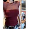 Mesh Spliced Cap Sleeve Slim Cropped Top Built In Chest Pads Black Coffee Red White Women Sheer Patchwork Short Sleeve Summer T-shirt