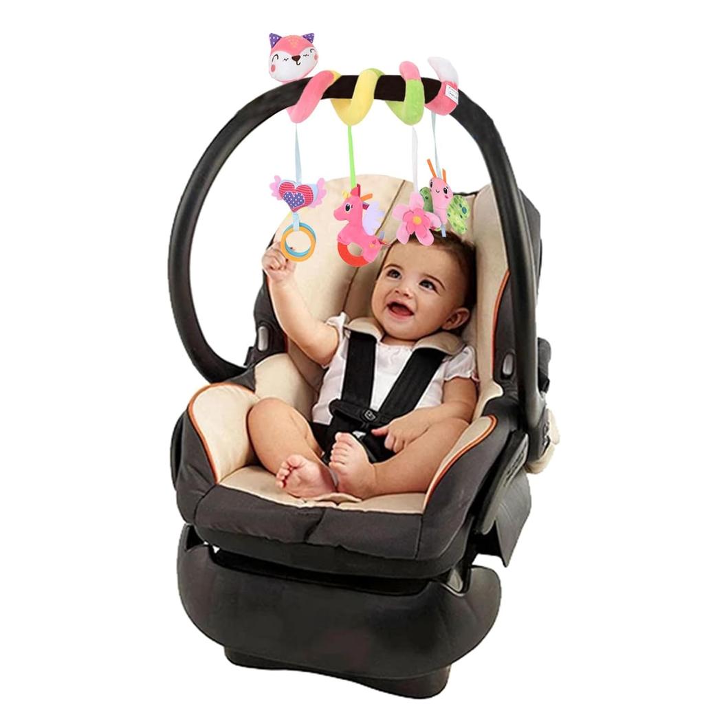 Baby Car Seat Toys 3-6 Months Stroller Toys Infant Fox Spiral Hanging Plush with Music Box BB Squeaker and Rattles Activity Gift
