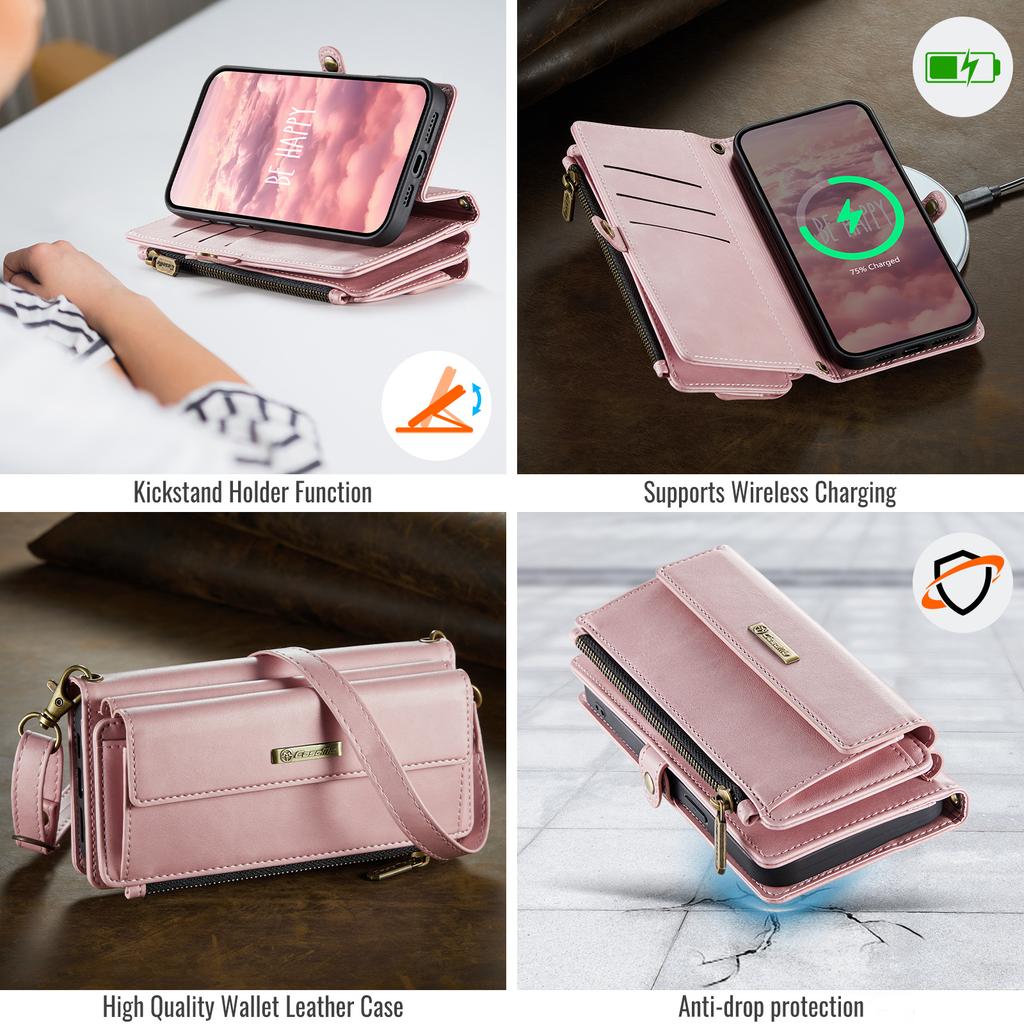 For iPhone 15 Case CASEME C39 RFID Blocking Zipper Wallet Stand Leather Cover with Strap