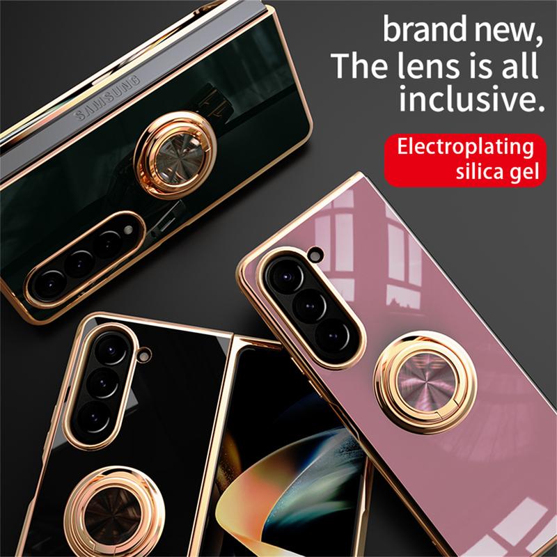 Luxury Plating Metal Ring Holder Phone Case For Samsung Galaxy Z Flip 5 4 / Z Fold 6 7 Flip7 Fold7 5G Silicone Back Cover Funda