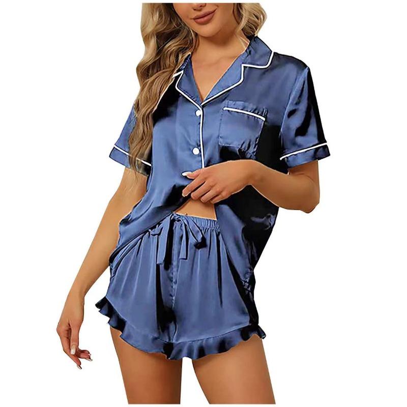 Summer Women's Pajama Set Satin Short Sleeve Lapel Tops with Shorts Sleepwear 2 Piece Loungewear Nightwear Home Clothes