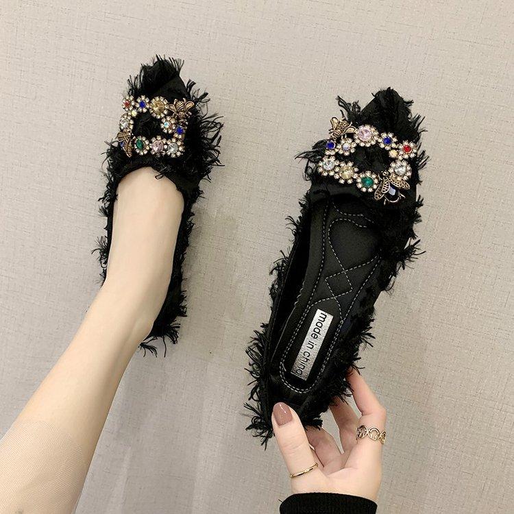 

Single shoes women s flat bottom 2024 spring and summer new Korean version pointed versatile shallow mouth square buckle Mao Mao shoes Internet celebr 40 чорний