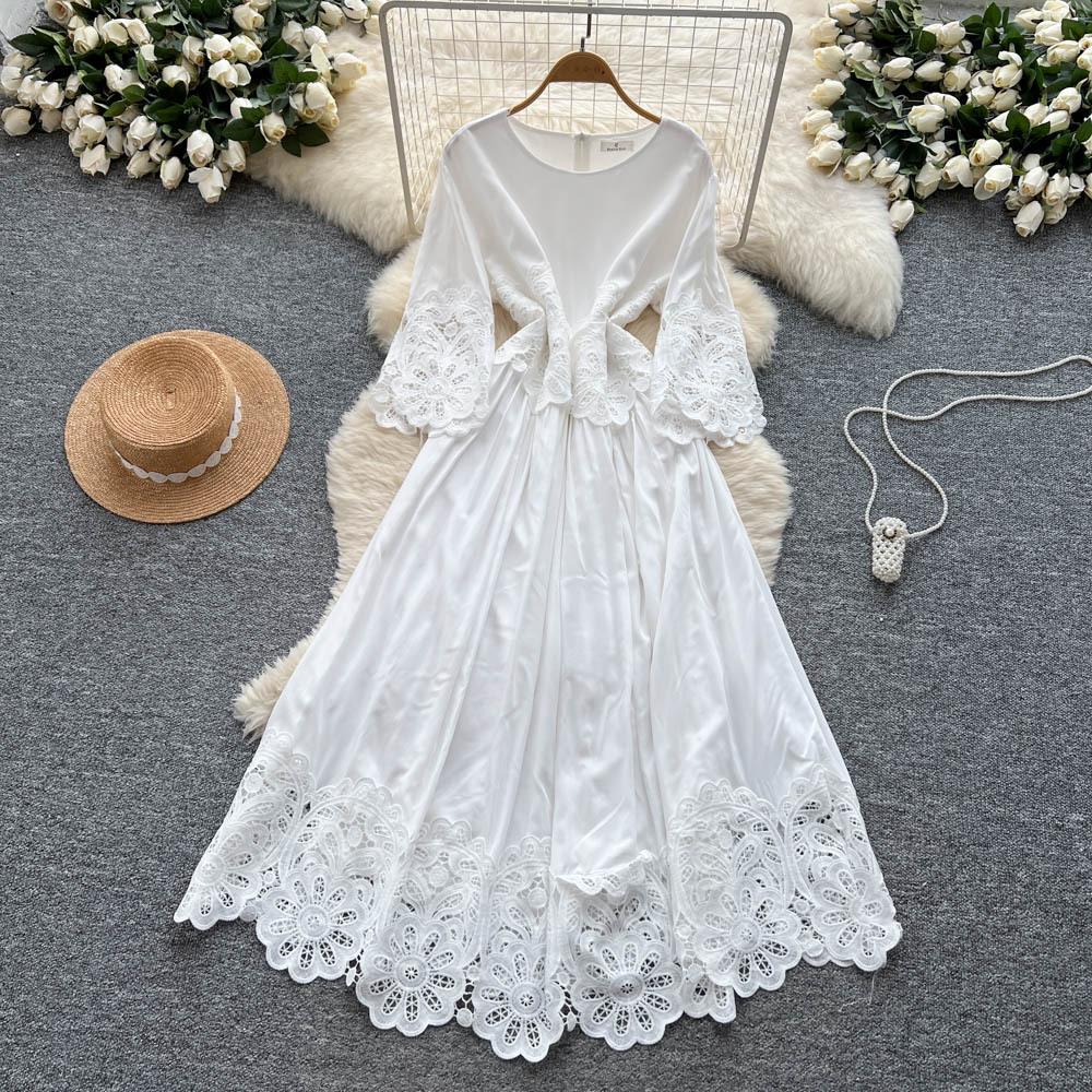 French court style seven-quarter sleeve dress women's summer mesh hollowed crochet design sense temperament big pendulum long skirt