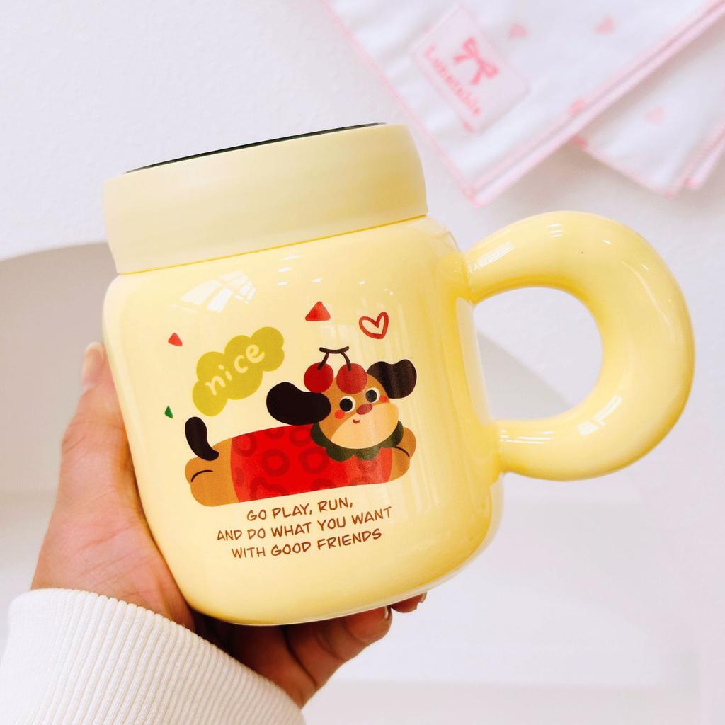 Cartoon Doodle Ceramic Cup with Lid for Girls Birthday Gift Couple Water Cup High Looking Animal Mug for Girlfriend