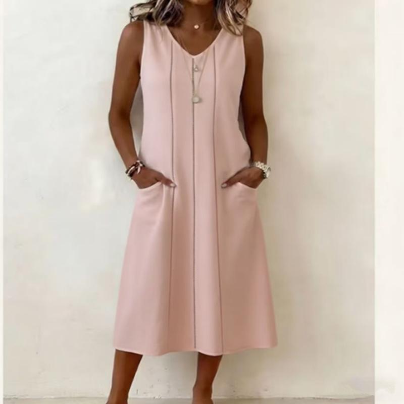 European and American women's clothing summer new V-neck sleeveless lace pocket cotton and linen dress