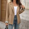 Womens Blazer Jacket With Leopard Print Patchwork Classic Fit Office Wear Khaki Color Long Sleeve Single-Breasted