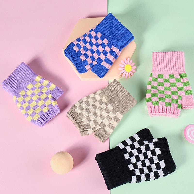 Warm Gloves Knitted Half-finger Plaid Cold-proof Gloves for Women Winter