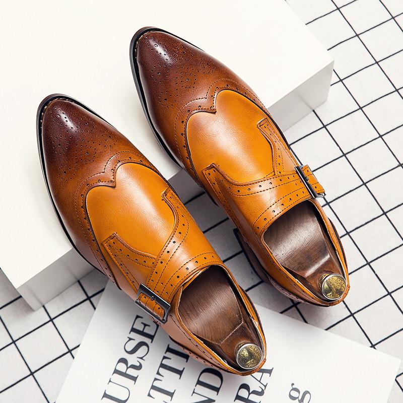 Fashion New Men's Pointed Mixed Color Dress Shoes Business Flats Monk Strap Loafers Homecoming Pageant Footwear  Zapatos Hombre
