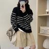 Autumn and Winter Wear Retro Striped Knitted Sweater Women Contrasting Color Half Zipper Lapel Pullover Sweater Women Casual Lazy