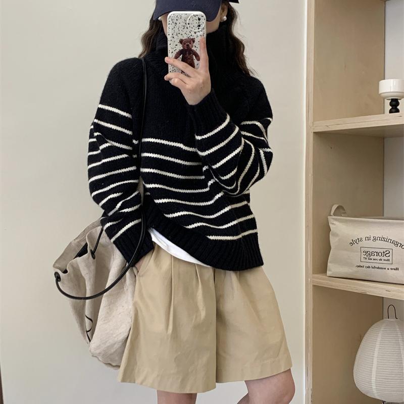 Autumn and Winter Wear Retro Striped Knitted Sweater Women Contrasting Color Half Zipper Lapel Pullover Sweater Women Casual Lazy