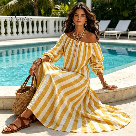 Daily Wear Dress Summer Women Striped Long Dress, Off Shoulder Sleeve Casual Ankle Length Loose Swing with Side Pocket