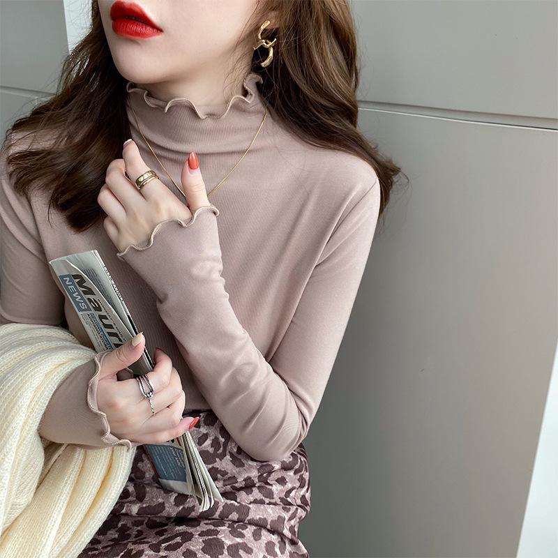German Velvet Ladies' Half-High Collar Knit T-Shirt with Wood Ear Edge - Solid Color Long-Sleeve for Spring, Autumn, and Winter 2024.