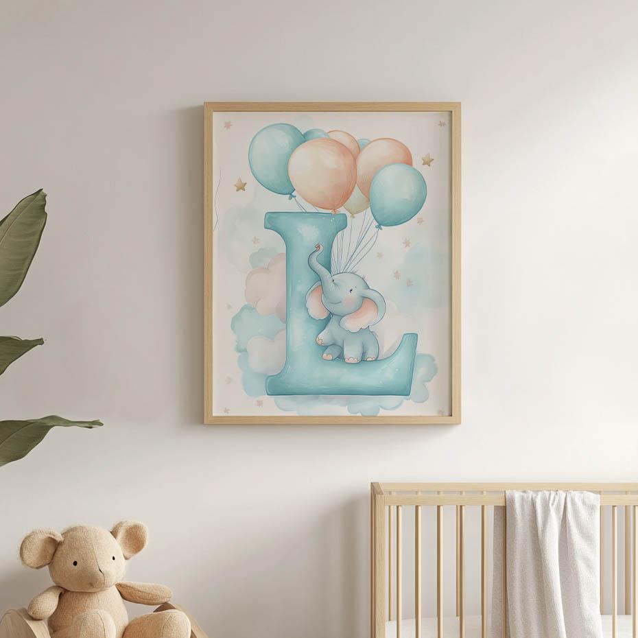 Poster Letter "I" With Balloons And Elephant Poster Letter "I" With Balloons And Elephant, 30X40 Cm, Frame Wooden Light Oak, Paper Matte 230 Gsm