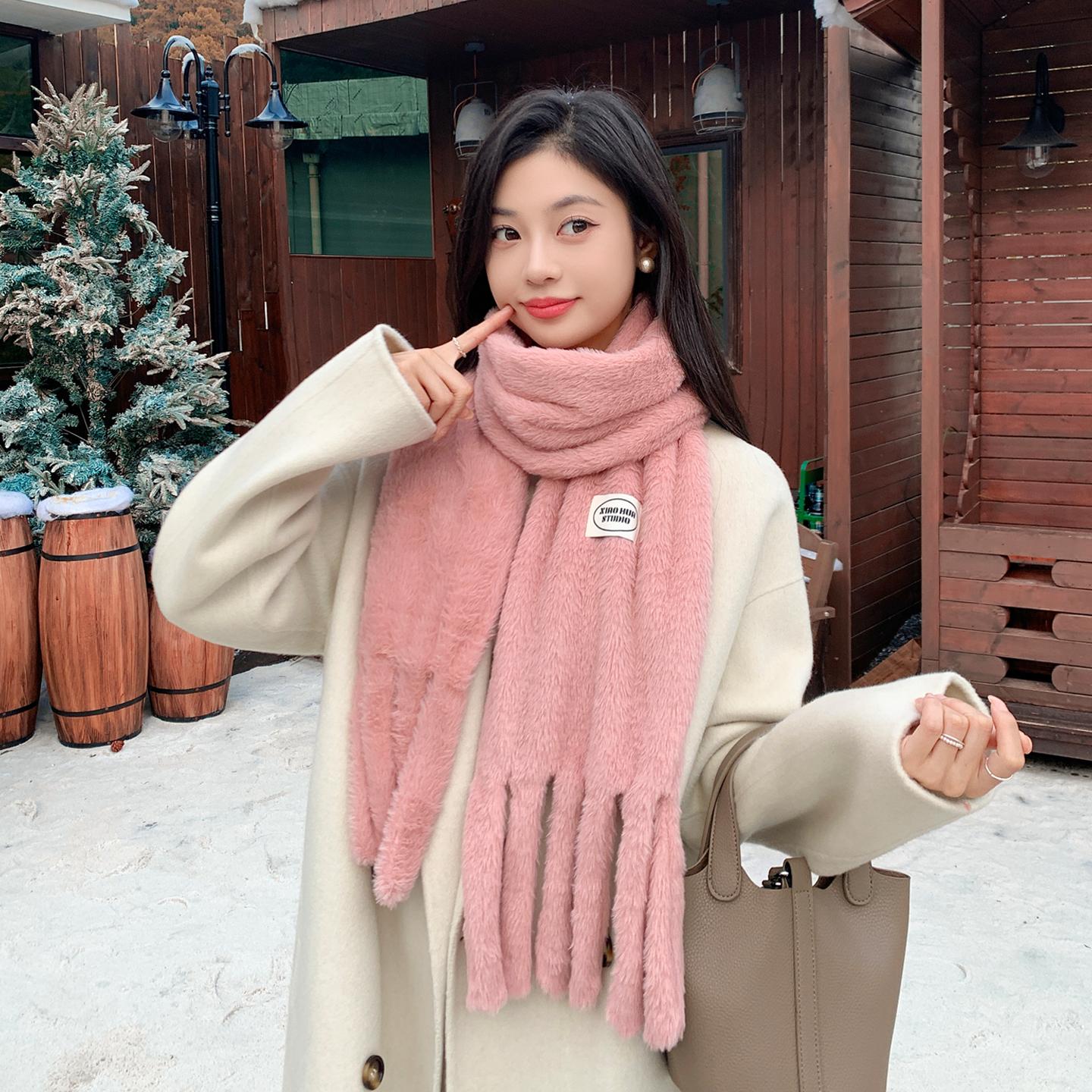 

Winter Plush Solid Scarf For Women Thick Warm Long Tassel Shawls Neck Protection And Cold-Proof Scarves New Luxurious Muffler 180X26CM