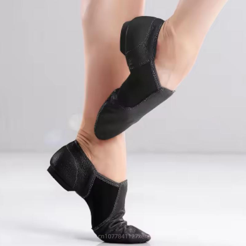 Adult and Children's Low Heeled Jazz Dance Shoes, Camel and Black Oxford Cloth Genuine Leather Elastic Cloth Jazz Shoes
