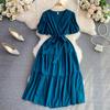 Summer gentle wind temperament V-neck bubble short-sleeved pleated waist thin a-word dress super fairy pendulum long skirt