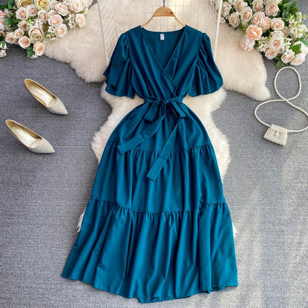 Summer gentle wind temperament V-neck bubble short-sleeved pleated waist thin a-word dress super fairy pendulum long skirt