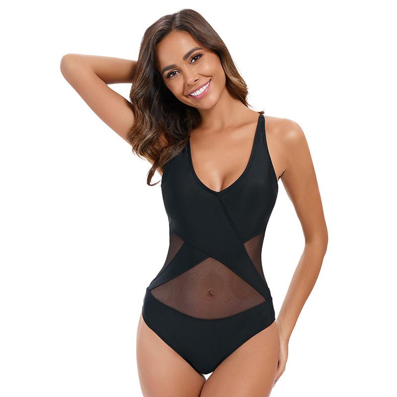Solid Color Mesh Swimsuit Women's Backless Deep V Beach Swimsuit