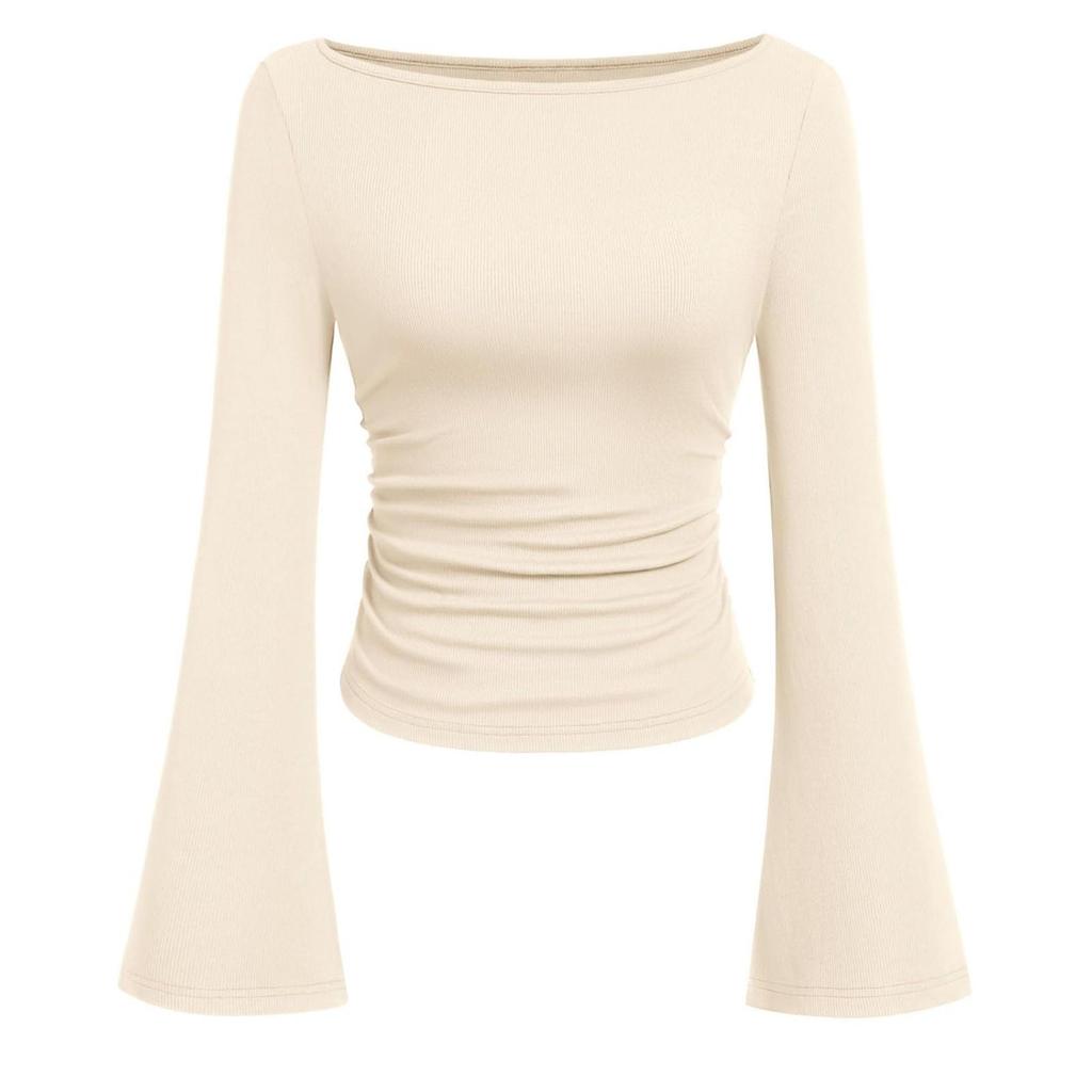 Women' Fashionable Pure-colored Flared-sleeve Long-sleeved Top