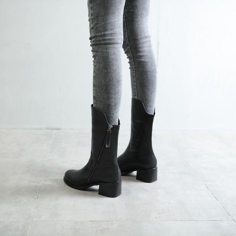 Footwear Black Shoes For Women Half High Ladies Boots Round Toe Work Mid Calf Waterproof Korean Style And Low Price Offer Goth