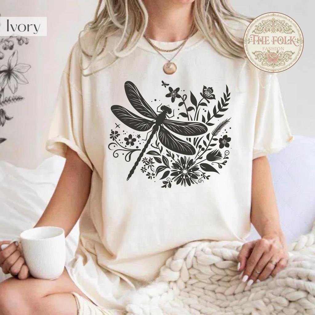Dragonfly Wildflower Shirt, Vintage Cottagecore T-shirt, Botanical Line Art Tee, Nature Graphic Tee, Comfort Colors Floral Tshirt