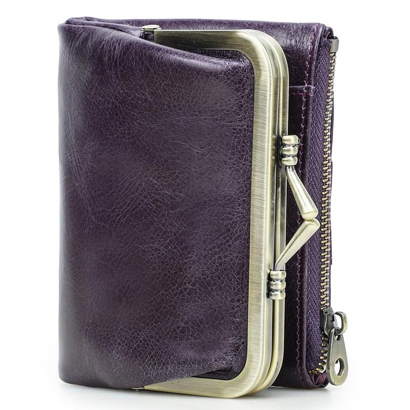 Head Layer Cowhide RFID Anti Magnetic Women's Wallet Casual Iron Hinge Multifunctional Short Leather