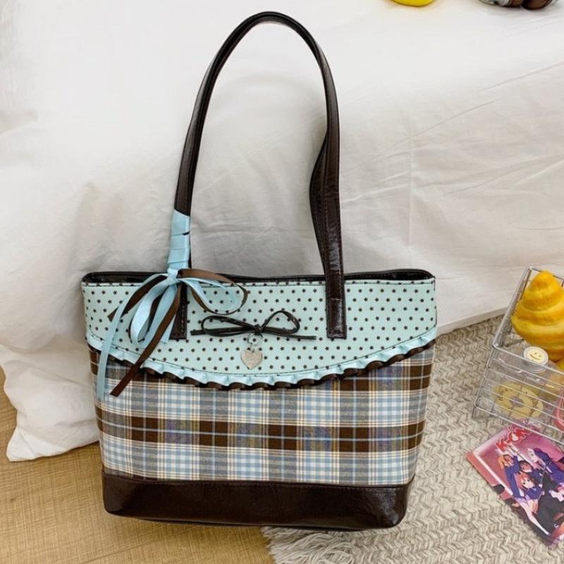 

Клетчатая холщовая сумка-тоут в корейском стиле для женщин, дизайн в горошек, милая деталь с бантом и кружевом, большая вместимость, сумка через плечо, сумка для поездок